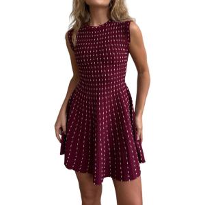 imageCHARTOU Women Elegant Crew Neck Sleeveless Knit Dress Summer Vertical Polka Dot Ice Silk ALine DressBurgundy