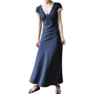 imageCHARTOU Women Elegant Polka Dot Long Dress Lace Patchwork V Neck Summer Causal DressNavy