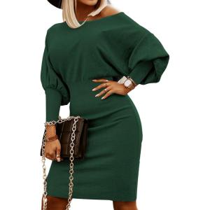 imageCHARTOU Women Ribbed Batwing Sleeve Sweater Dress Bodycon Smocked Wrap Dress Knee Length SheathGreen