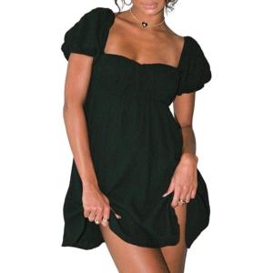 imageCHARTOU Women Summer Back Bow Tie Mini Dress Square Neck Puff Short Sleeve High Waist A Line DressBlack