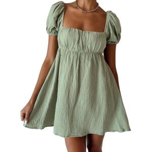imageCHARTOU Women Summer Back Bow Tie Mini Dress Square Neck Puff Short Sleeve High Waist A Line DressGreen