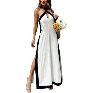 imageCHARTOU Women Summer Halter Neck Cotton Linen Contrast Color Open Back Side Slit Maxi DressWhite