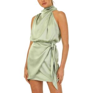 imageCHARTOU Womens Cocktail Party Mock Neck Keyhole Sleeveless High Waist Wrap Bodycon Satin Mini DressLight Green