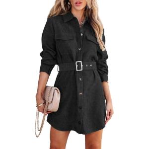 imageCHARTOU Womens Corduroy Button Down Spread Collar Belt MidiLong Shirt DressBlack
