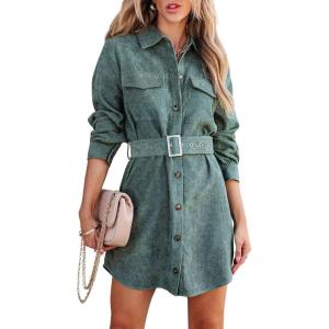 imageCHARTOU Womens Corduroy Button Down Spread Collar Belt MidiLong Shirt DressGreen