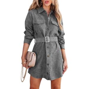 imageCHARTOU Womens Corduroy Button Down Spread Collar Belt MidiLong Shirt DressGrey