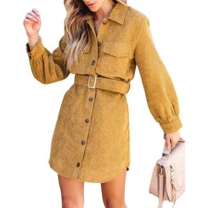 imageCHARTOU Womens Corduroy Button Down Spread Collar Belt MidiLong Shirt DressYellow