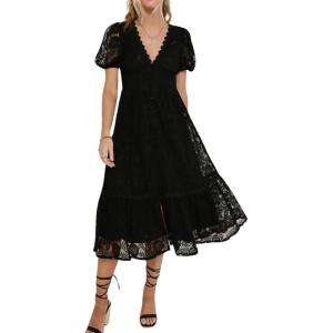 imageCHARTOU Womens Lace Floral Midi Dress Button Down Puff Sleeve Flowy Pleat Tiered Elegant Lined DressBlack