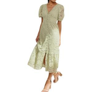 imageCHARTOU Womens Lace Floral Midi Dress Button Down Puff Sleeve Flowy Pleat Tiered Elegant Lined DressGreen