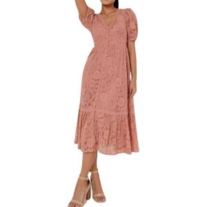 imageCHARTOU Womens Lace Floral Midi Dress Button Down Puff Sleeve Flowy Pleat Tiered Elegant Lined DressPink