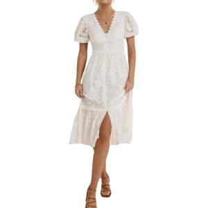 imageCHARTOU Womens Lace Floral Midi Dress Button Down Puff Sleeve Flowy Pleat Tiered Elegant Lined DressWhite