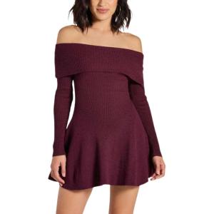imageCHARTOU Womens Off Shoulder Sweater Dress Fall Ribbed Knit Ruffle Cropped Dress Long Sleeve Open Back DressBurgundy