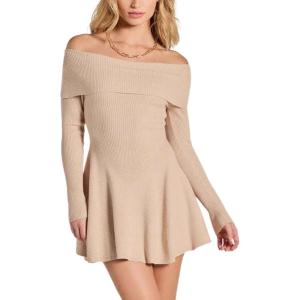 imageCHARTOU Womens Off Shoulder Sweater Dress Fall Ribbed Knit Ruffle Cropped Dress Long Sleeve Open Back DressKhaki