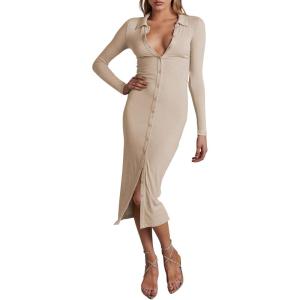 imageCHARTOU Womens Ribbed Lapel Collar Button Down Pencil Midi Long Bodycon Knit DressApricot