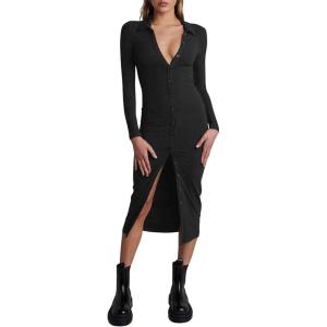 imageCHARTOU Womens Ribbed Lapel Collar Button Down Pencil Midi Long Bodycon Knit DressBlack
