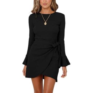 imageCHARTOU Womens Waffle Knit Crewneck Long Sleeve Bodycon Mini Wrap DressBlack