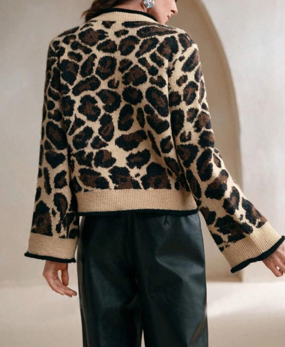 imageCHARTOU Leopard Cardigan Sweater for Women Y2k Tie Front Bow Cropped Cardigan Knit TopsBrown