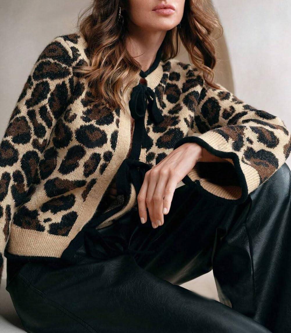 imageCHARTOU Leopard Cardigan Sweater for Women Y2k Tie Front Bow Cropped Cardigan Knit TopsBrown