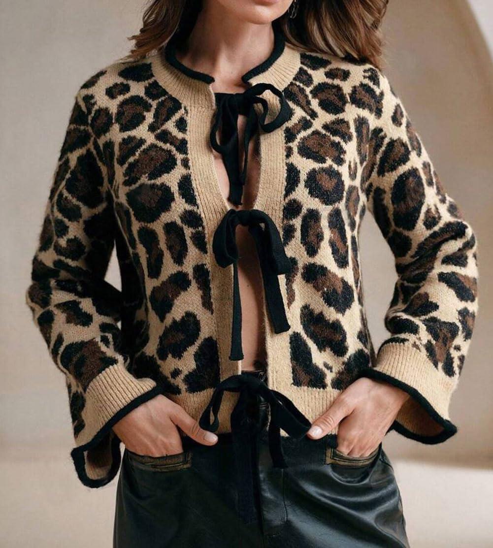 imageCHARTOU Leopard Cardigan Sweater for Women Y2k Tie Front Bow Cropped Cardigan Knit TopsBrown