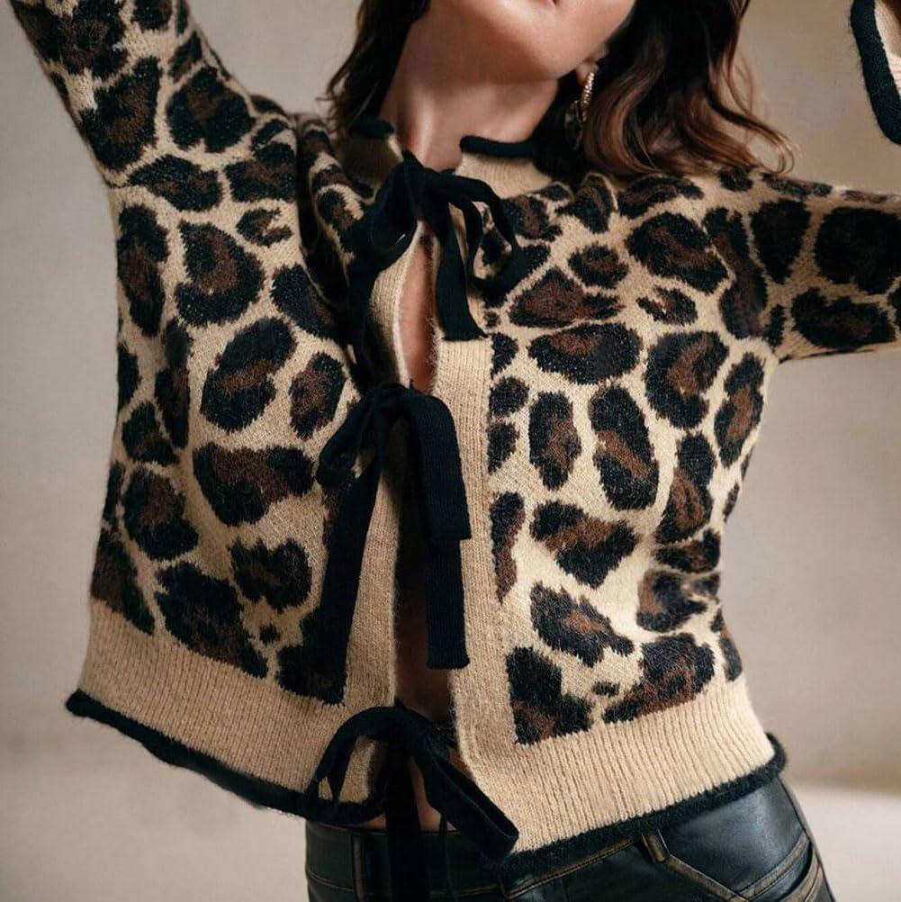 imageCHARTOU Leopard Cardigan Sweater for Women Y2k Tie Front Bow Cropped Cardigan Knit TopsBrown