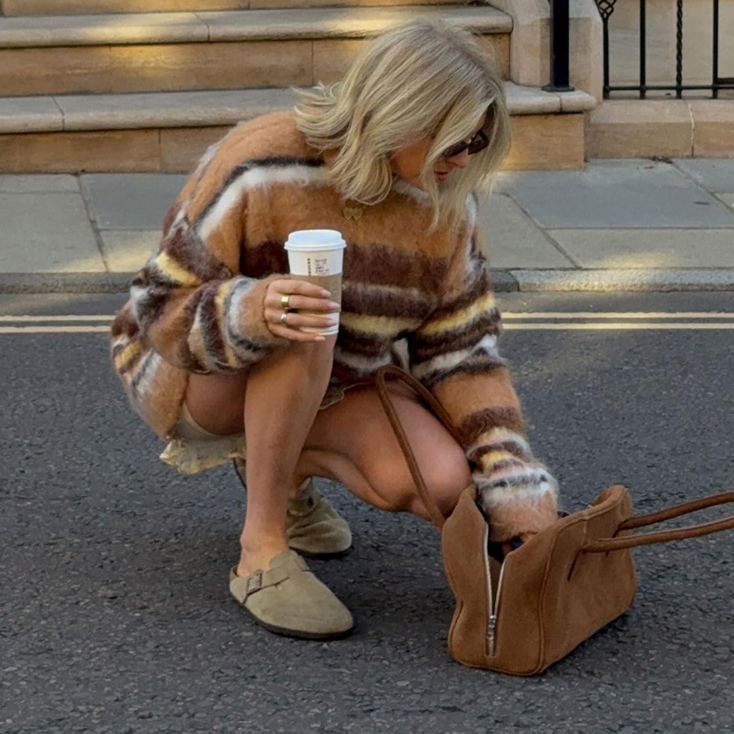 imageCHARTOU Women Contrast Striped Sweater Oversized Fuzzy Crewneck Pullover Fall Outfits Fashion KnitwearOrange Brown