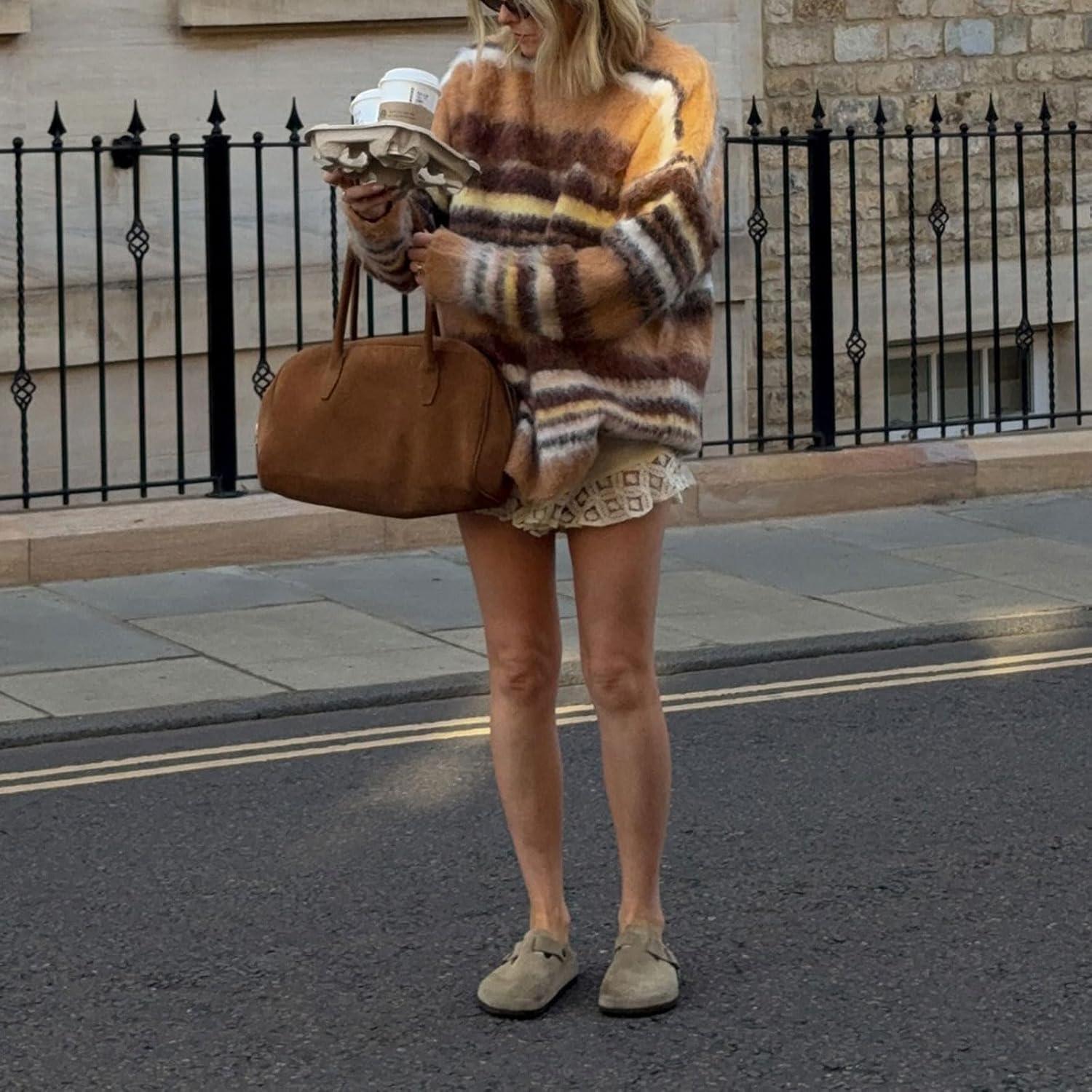 imageCHARTOU Women Contrast Striped Sweater Oversized Fuzzy Crewneck Pullover Fall Outfits Fashion KnitwearOrange Brown