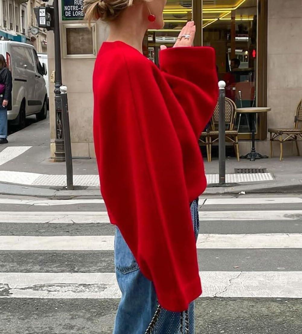 imageCHARTOU Women Cross Front Crop Pullover Sweater Oversized V Neck Lantern Long Sleeve Knit Jumper TopsRed