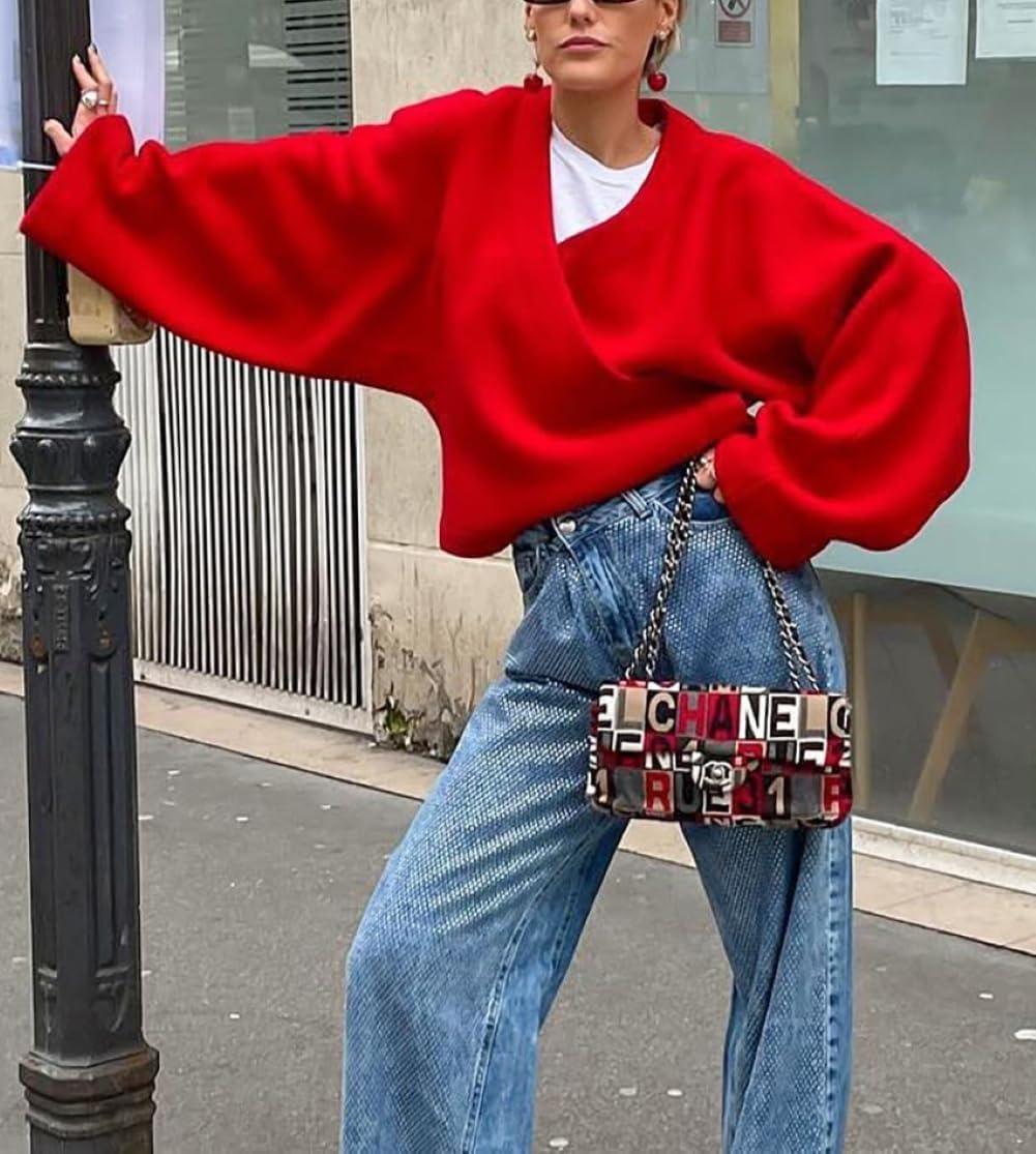 imageCHARTOU Women Cross Front Crop Pullover Sweater Oversized V Neck Lantern Long Sleeve Knit Jumper TopsRed