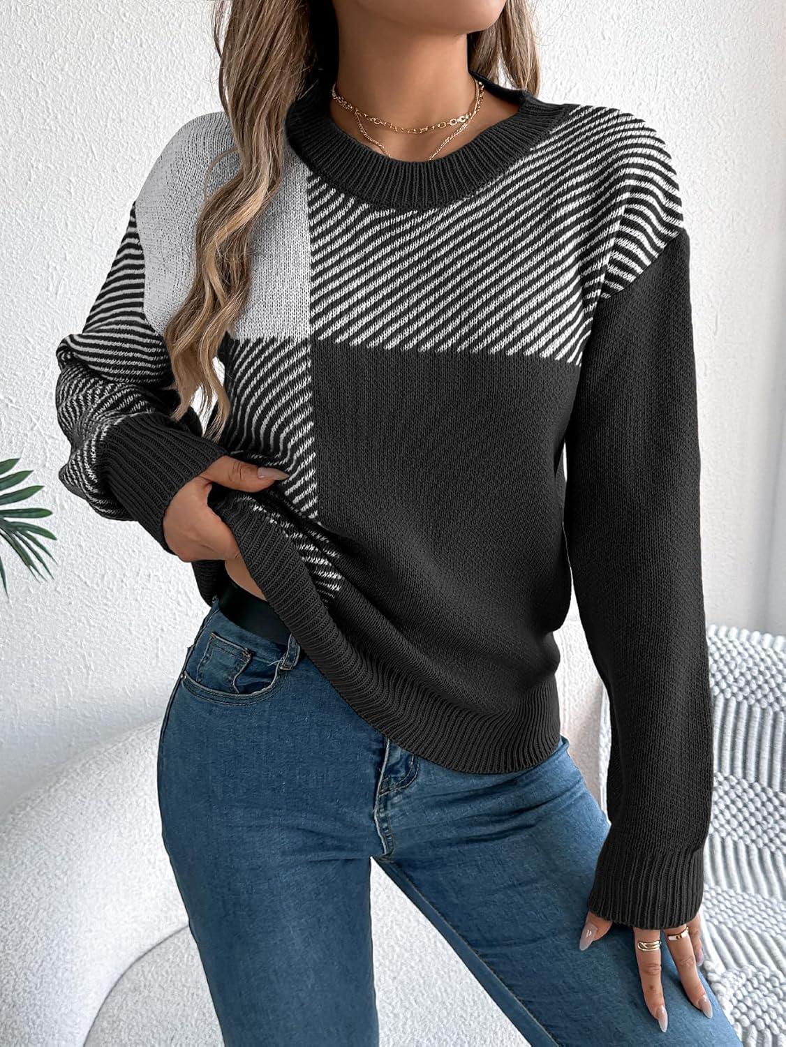 imageCHARTOU Women Fall Checker Sweaters Casual Crew Neck Knitted Pullover Sweater Jumper TopsBlack