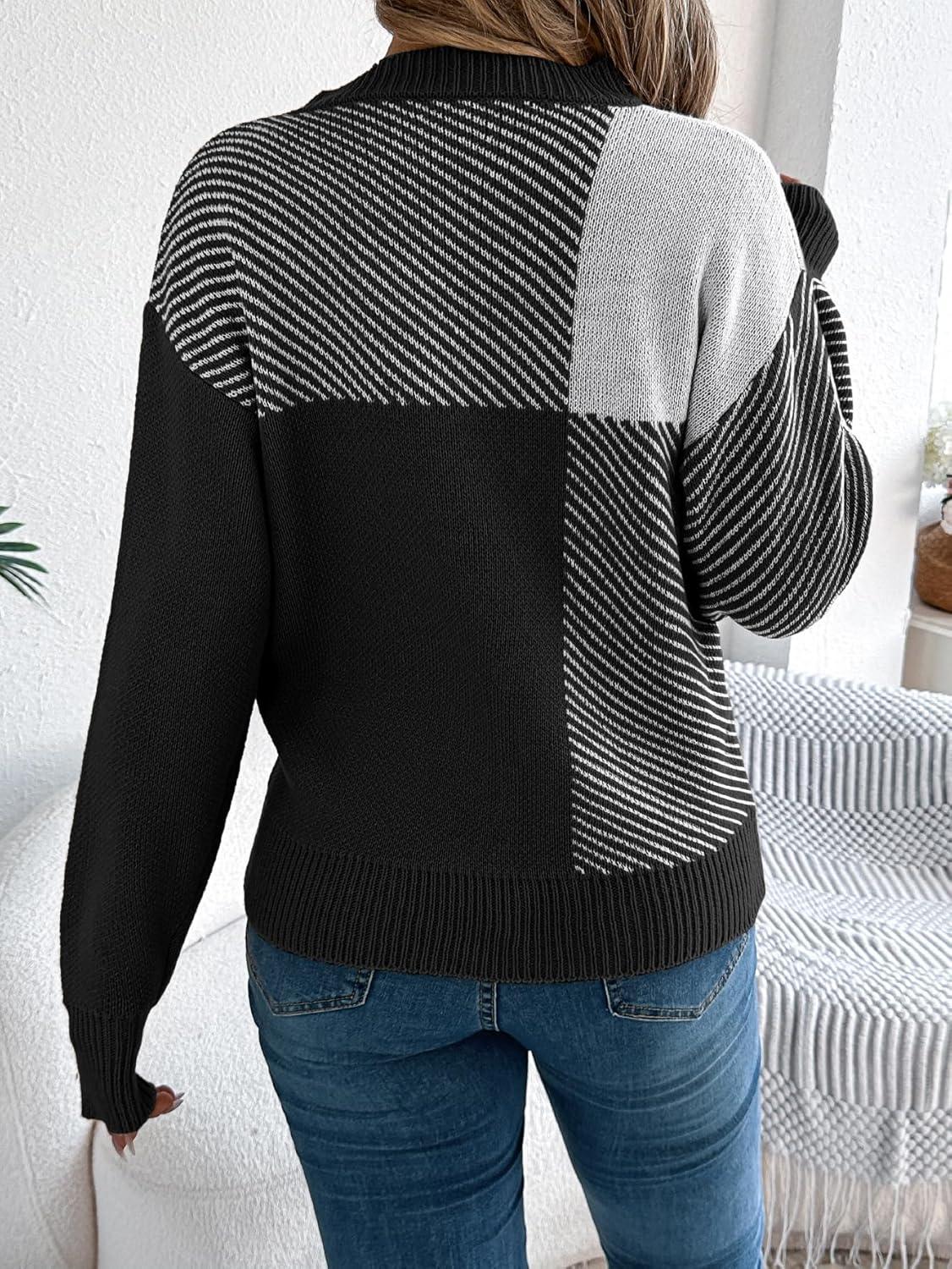 imageCHARTOU Women Fall Checker Sweaters Casual Crew Neck Knitted Pullover Sweater Jumper TopsBlack