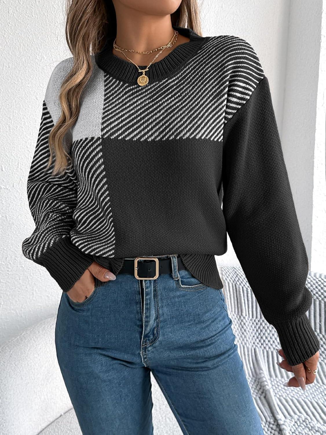 imageCHARTOU Women Fall Checker Sweaters Casual Crew Neck Knitted Pullover Sweater Jumper TopsBlack