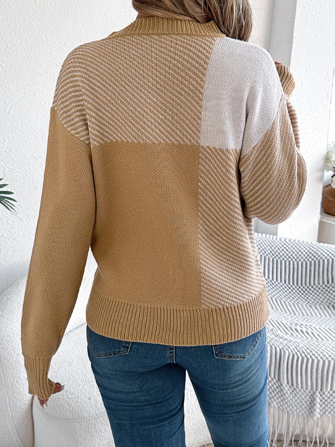 imageCHARTOU Women Fall Checker Sweaters Casual Crew Neck Knitted Pullover Sweater Jumper TopsKhaki