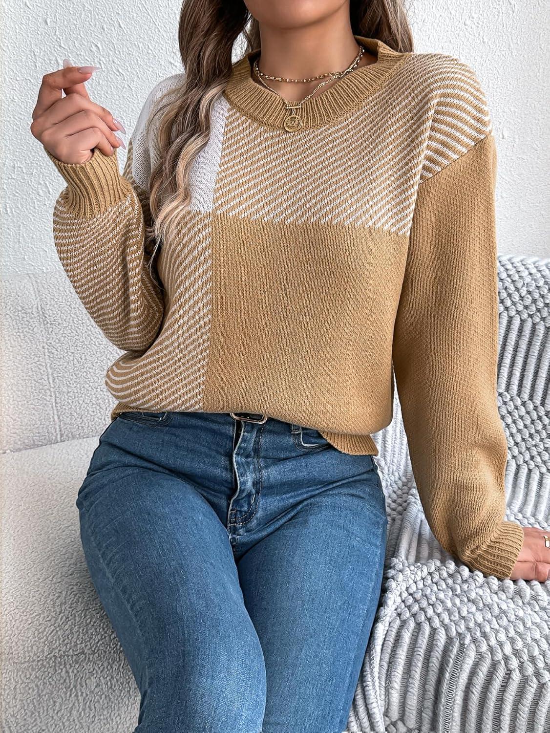 imageCHARTOU Women Fall Checker Sweaters Casual Crew Neck Knitted Pullover Sweater Jumper TopsKhaki