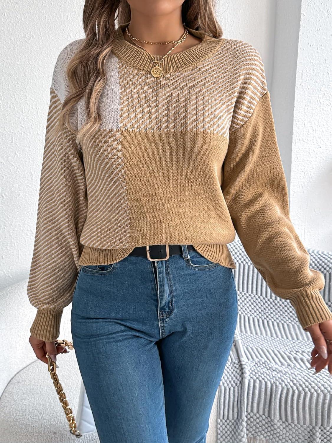 imageCHARTOU Women Fall Checker Sweaters Casual Crew Neck Knitted Pullover Sweater Jumper TopsKhaki