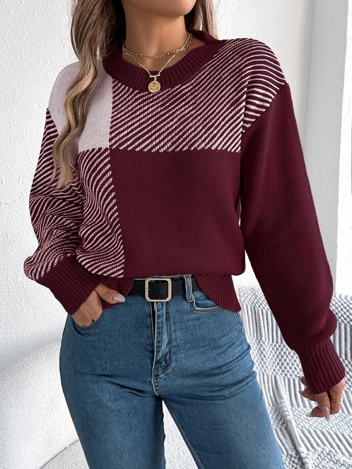 imageCHARTOU Women Fall Checker Sweaters Casual Crew Neck Knitted Pullover Sweater Jumper TopsWine