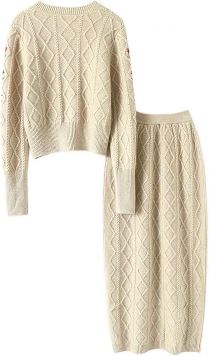 imageCHARTOU Women Fall Winter 2 Pieces Outfits Embroidery Crop Tops Bodycon Long Cardigan Sweater Skirt SetsApricot