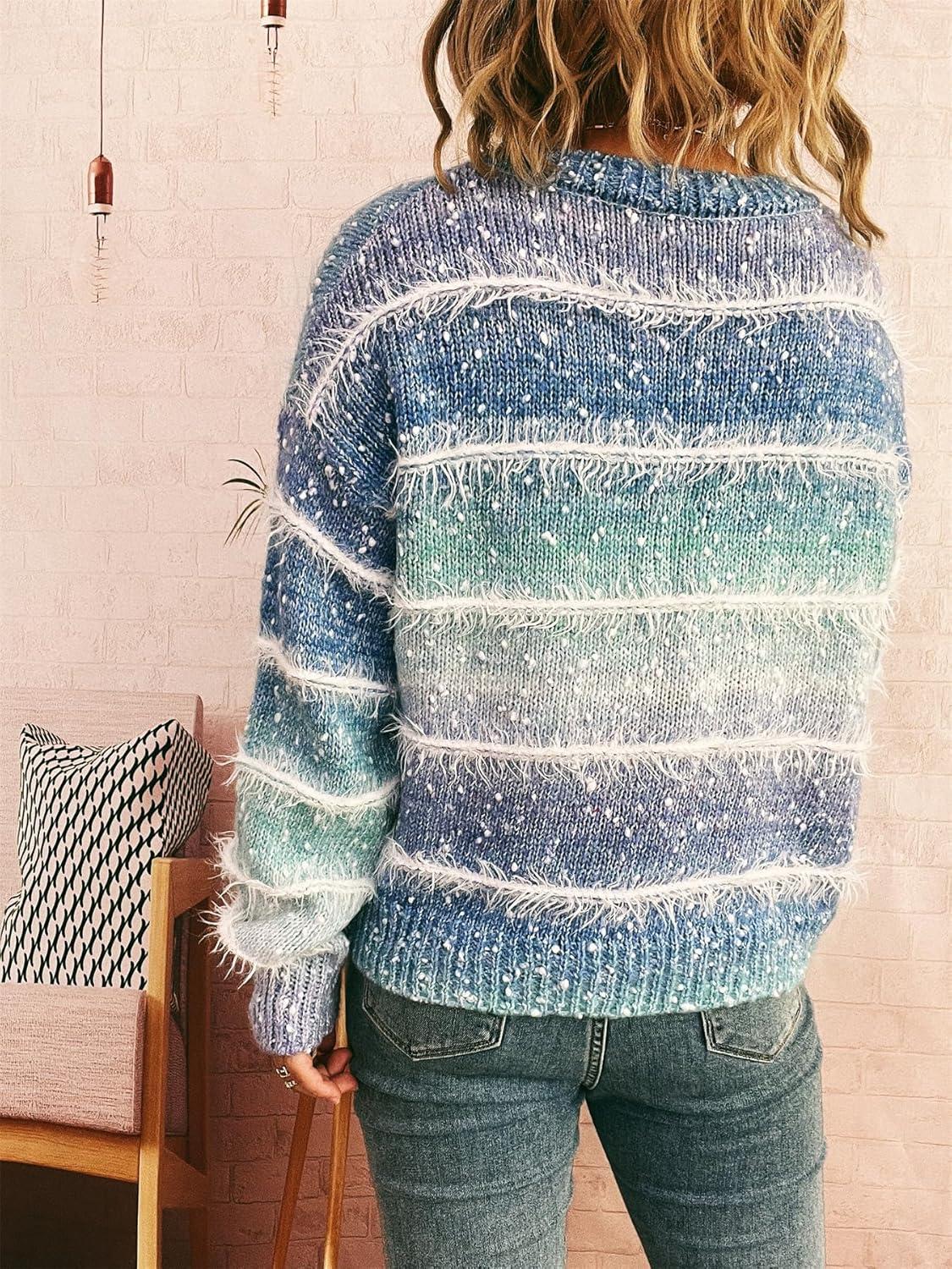 imageCHARTOU Women Fuzzy Contrast Striped Faux Fur Mink Pullover Sweater Fall Color Block Crewneck Jumper TopsBlue