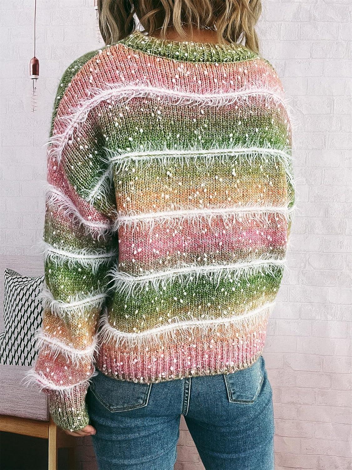 imageCHARTOU Women Fuzzy Contrast Striped Faux Fur Mink Pullover Sweater Fall Color Block Crewneck Jumper TopsGreen