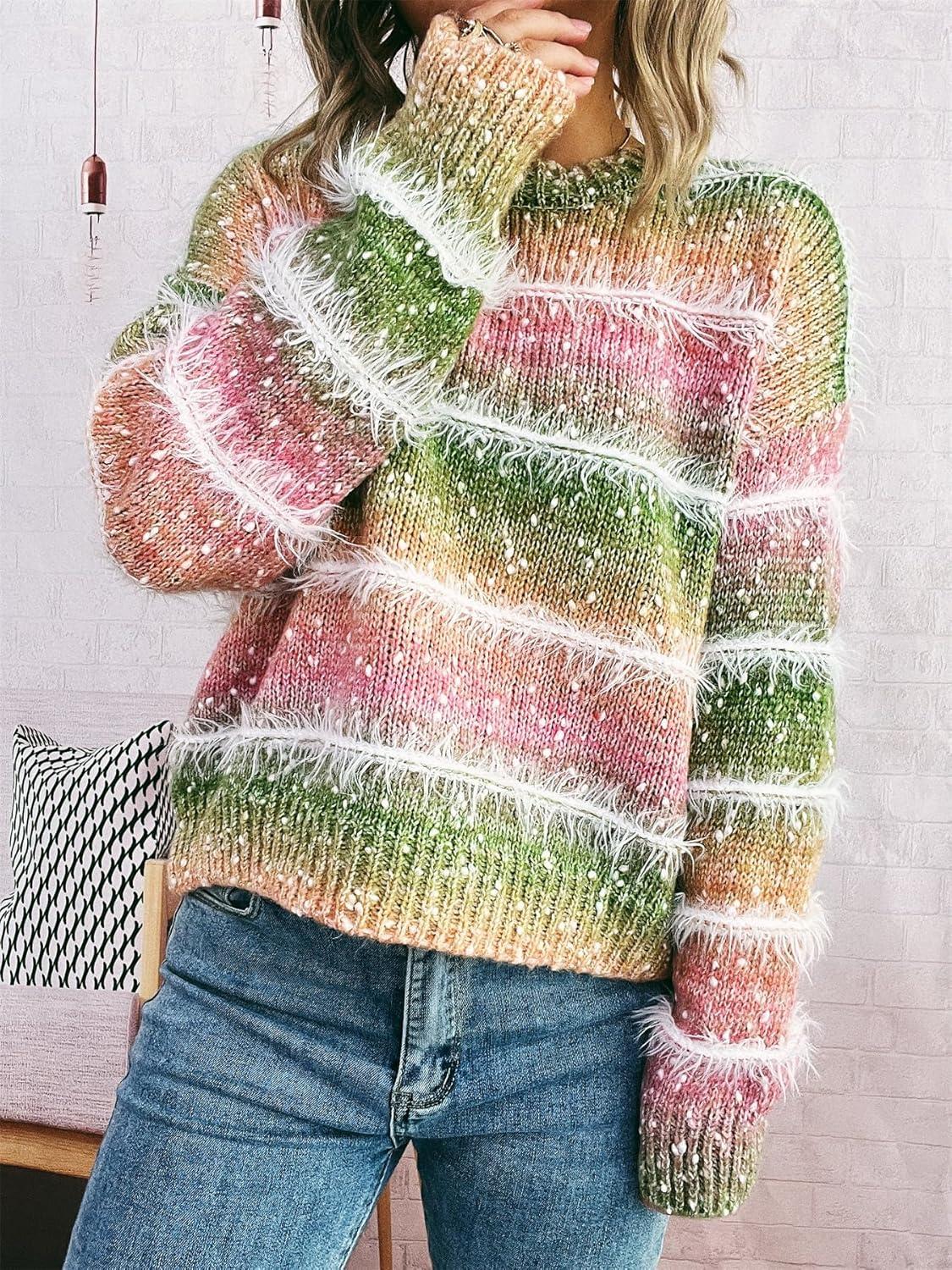 imageCHARTOU Women Fuzzy Contrast Striped Faux Fur Mink Pullover Sweater Fall Color Block Crewneck Jumper TopsGreen