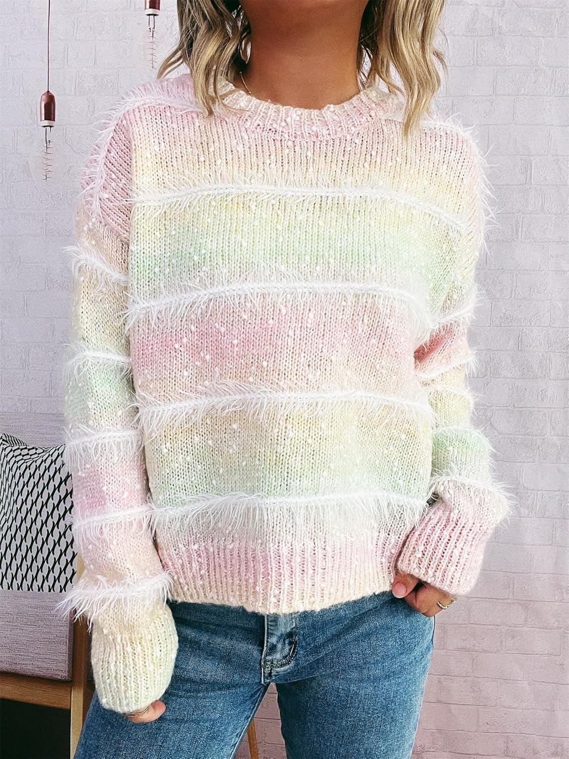 imageCHARTOU Women Fuzzy Contrast Striped Faux Fur Mink Pullover Sweater Fall Color Block Crewneck Jumper TopsMulticolour