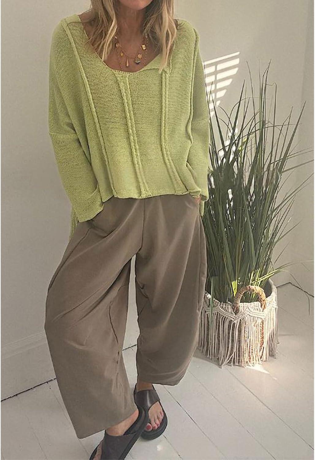 imageCHARTOU Women Lightweight Knit Sweater Fall Drape Lapel Crop Loose Pullover Casual Jumper OutwearGreen