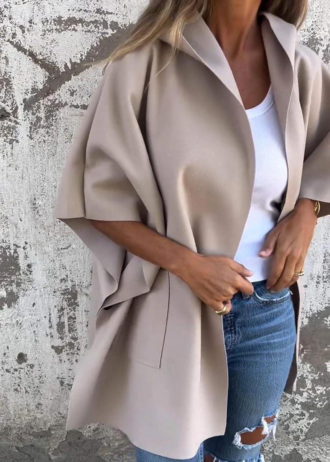 imageCHARTOU Women One Piece Poncho Jacket Cape Sleeve Shawl Neck Coat Casual Wrap Knit Open Front CardiganApricot