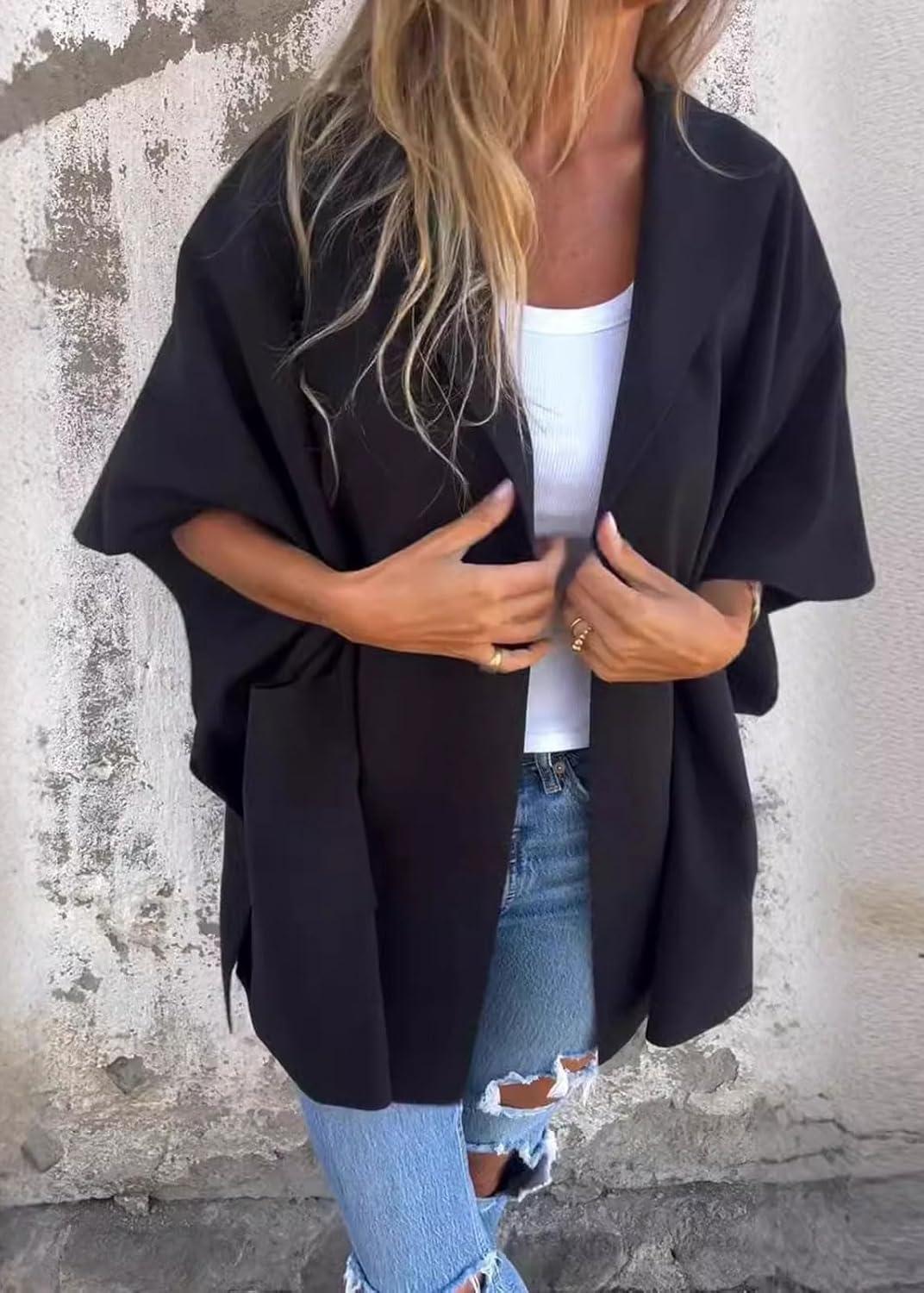 imageCHARTOU Women One Piece Poncho Jacket Cape Sleeve Shawl Neck Coat Casual Wrap Knit Open Front CardiganBlack