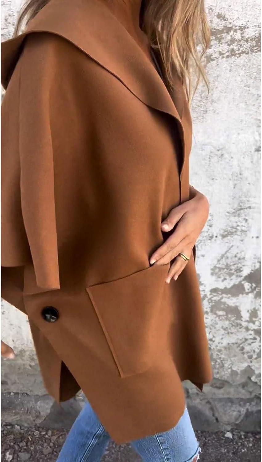 imageCHARTOU Women One Piece Poncho Jacket Cape Sleeve Shawl Neck Coat Casual Wrap Knit Open Front CardiganBrown
