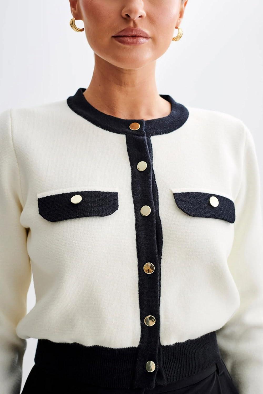 imageCHARTOU Women Open Front Cardigan Sweater Gold Button Elegant Cropped Knit Lady JacketWhite