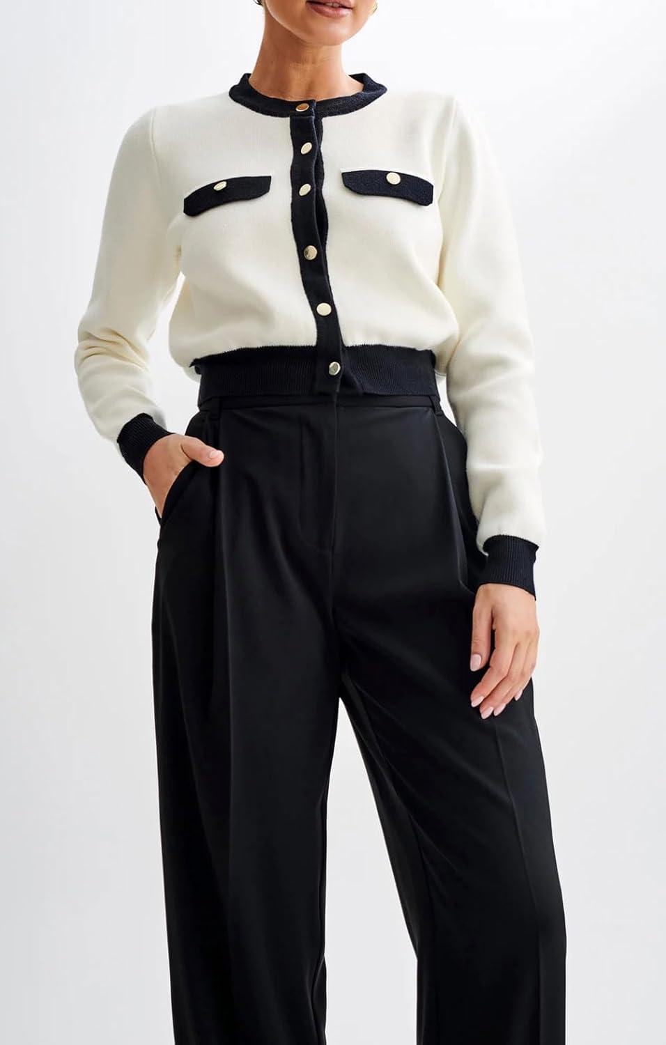 imageCHARTOU Women Open Front Cardigan Sweater Gold Button Elegant Cropped Knit Lady JacketWhite