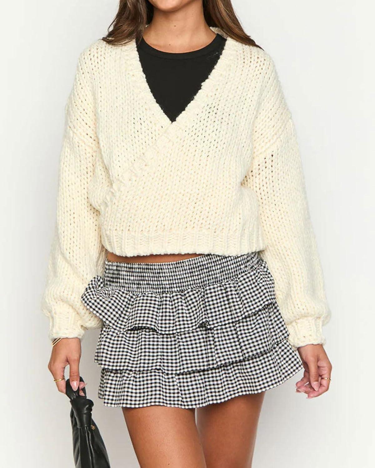 imageCHARTOU Women Plain Wrap Chunky Cardigan Tie Knot V Neck Oversized Cropped Sweater Fall OutfitsApricot