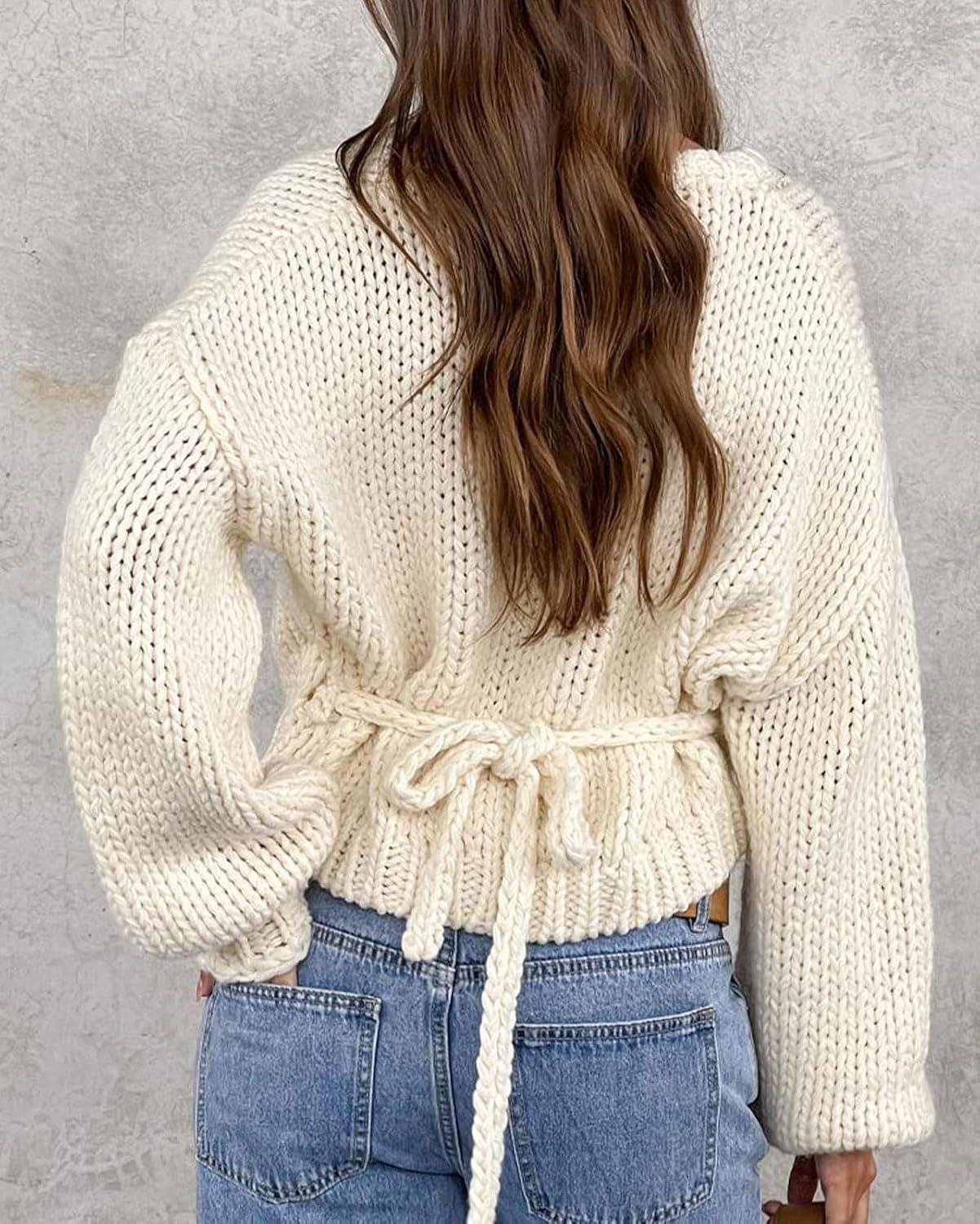 imageCHARTOU Women Plain Wrap Chunky Cardigan Tie Knot V Neck Oversized Cropped Sweater Fall OutfitsApricot