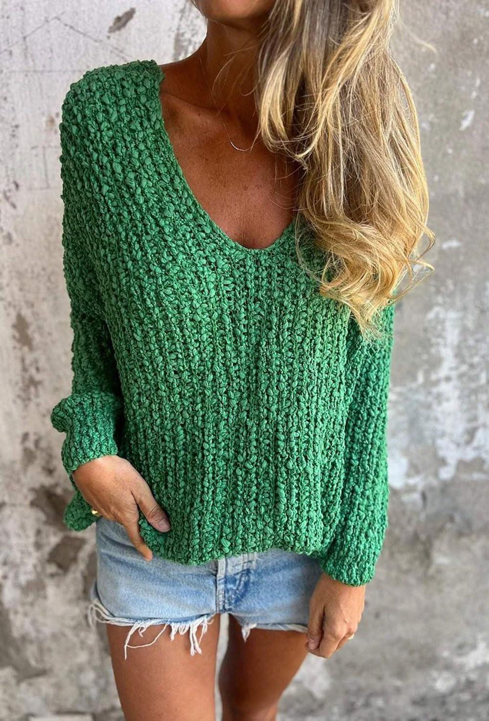 imageCHARTOU Women Slouchy Chunky Oversized Popcorn Knit v Neck Pullover Sweater Jumper TopsGreen