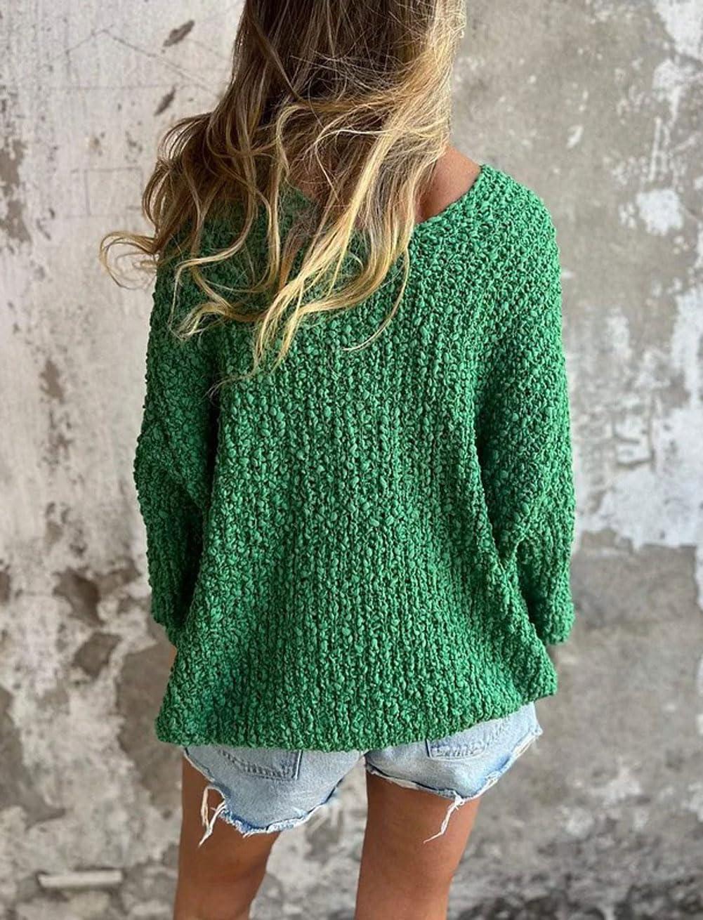 imageCHARTOU Women Slouchy Chunky Oversized Popcorn Knit v Neck Pullover Sweater Jumper TopsGreen